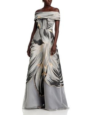 Teri Jon Jacquard Off The Shoulder Gown - Gray