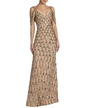 Mac Duggal Sequin Embellished V-Neck Gown - Natural