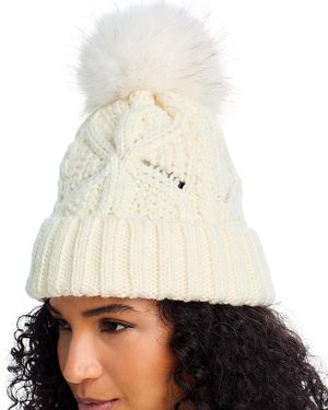Kyi Kyi Faux Fur Pom Pom Cable Knit Beanie - Natural