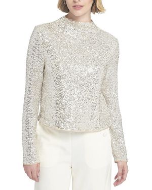 Elle Collection Sequin Knit Mock Neck Top - White