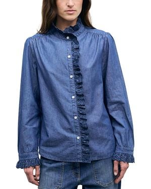 Gerard Darel Loupy Cotton Eyelet Ruffle Blouse - Blue