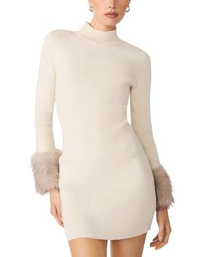 Steve Madden Riello Faux Fur Trim Rib Knit Mini Dress - Natural