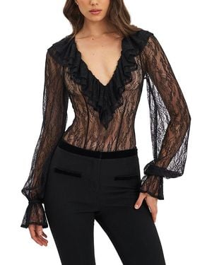 Miss Circle Taliah Sheer Lace Ruffled Collar Bodysuit - Black