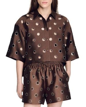 Sandro Rhinestone Cutout Shirt - Brown