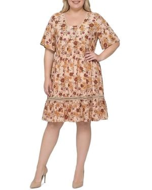 Standards & Practices Plus Floral Crochet Trim Flutter Sleeve Dress - Natural