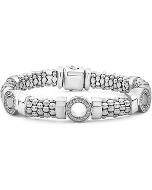 Lagos Sterling Caviar Spark Diamond Three Circle Caviar Bead Link Bracelet - White