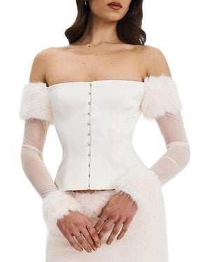 Miss Circle Nola Off Shoulder Faux Fur Trimmed Top - White