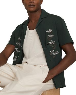 Reiss Goya Short Sleeve Floral Embroidered Cuban Shirt - Green