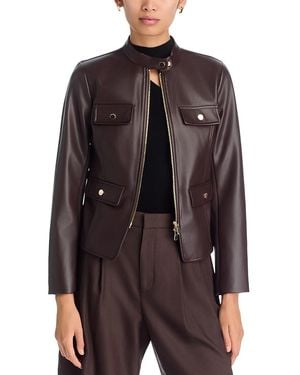 Tahari Faux Leather Mixed Media Zip Front Jacket - Brown