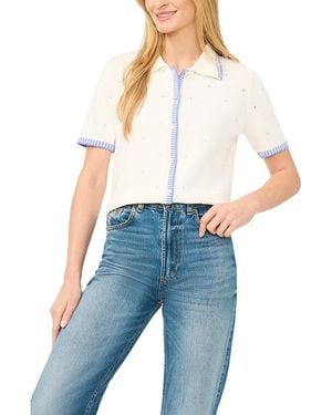 Cece Pointelle Short Sleeve Collared Cardigan - Blue