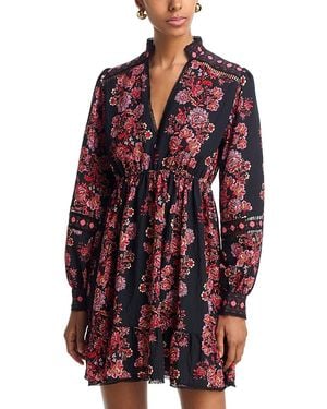 Aqua Placed Floral Long Sleeve Mini Dress - Red