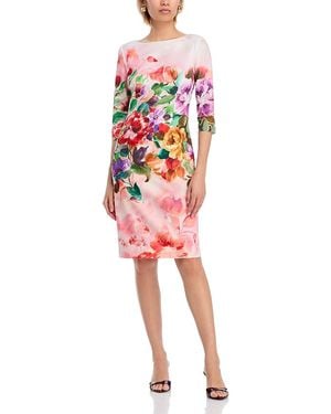 Teri Jon Scuba Floral Three Quarter Sleeve Dress - Red
