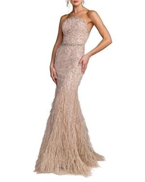 Mac Duggal Strapless Beaded Net Trumpet Gown With Feathers - Multicolor