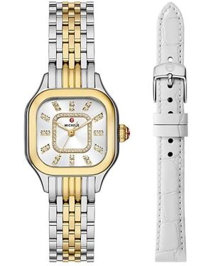 Michele Meggie Two Tone 18K Plated Diamond Dial Watch Gift Set - White