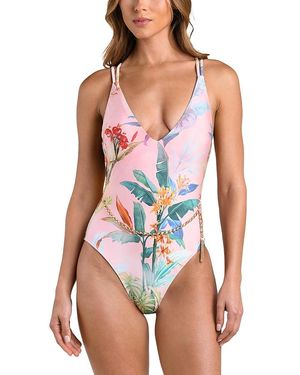 L'Agence Breana Colorful Palm Plunge One Piece Swimsuit - White