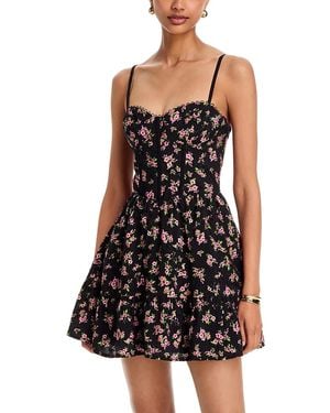 Aqua Ditsy Floral Eyelet Lace Up Mini Dress - Black