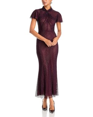 Self-Portrait Rhinestone Twist Neck Fishnet Midi Dress - Red