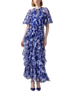 Carolina Herrera Silk Short Sleeve Tie Cape Ruffle Dress - Blue