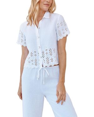 Bella Dahl Short Sleeve Embroidered Button Down Top - Blue