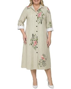 Standards & Practices Plus Striped Floral Button Down Midi Shirt Dress - Natural