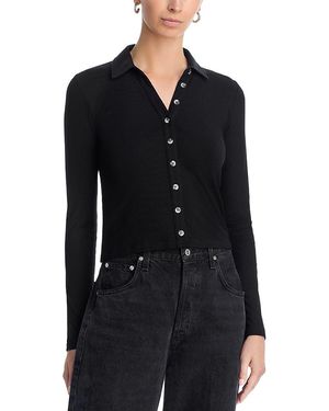 PERFECTWHITETEE Amee Luxe Rib Long Sleeve Button Polo - Black