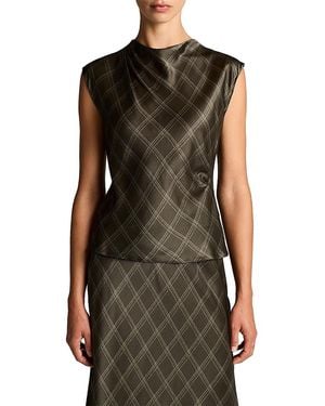 Vince Diamond Plaid Draped Silk Top - Black
