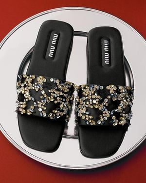 Miu Miu Embellished Silk Slide Sandals - Black