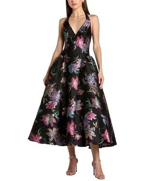 Mac Duggal Floral Brocade Halter Neck Open Back Midi Dress - Black