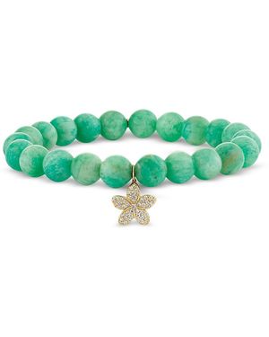 Sydney Evan 14K Russian Amazonite & Diamond Plumeria Flower Charm Beaded Stretch Bracelet - Green