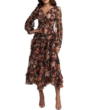 Mac Duggal Floral Long Sleeve Mirco Ruffle Midi Dress - Brown