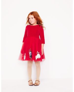 Boden Robe En Velours Et Tulle À Appliqué-Chats Rouge Foncé