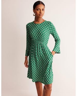 Boden Robe En Jersey Avec Manches À Godets-Émeraude Profond, Motif Pome Stamp - Vert