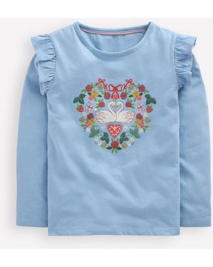 Boden T-Shirt À Manches Volantées Et Appliqué-Oiseaux Amoureux Bleu