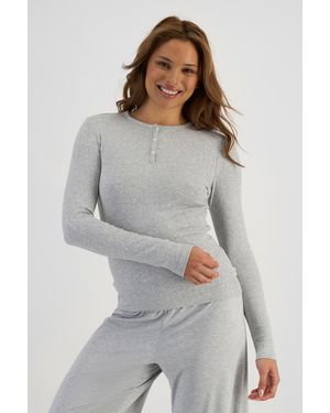 Bonds Sleep Pointelle Cotton Henley Long Sleeve Top - Grey