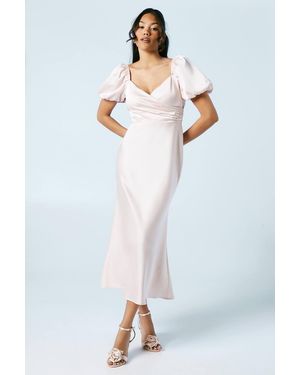 Oasis Puff Sleeve Satin Wrap Top Bridesmaid Dress - White