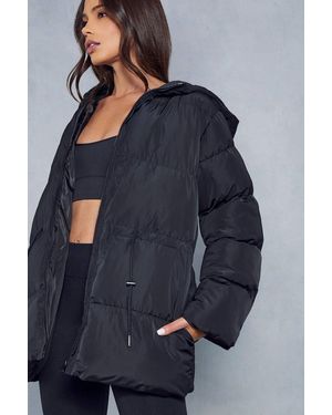 MissPap Cinched Waist Hooded Puffer Coat - Blue