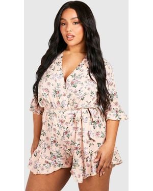 Boohoo Plus Ditsy Floral Ruffle Hem Playsuit - Pink