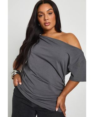 Boohoo Plus Off The Shoulder Ruched Short Sleeve Top - Gray