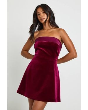 Boohoo Petite Bonded Velvet Fold Over Bandeau Mini Dress - Red