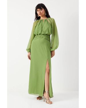 Warehouse Chiffon Cut Out Detail Volume Sleeve Maxi Dress - Green