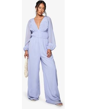 Boohoo Chiffon V Neck Ruched Wide Leg Jumpsuit - Blue