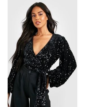 Boohoo Volume Sleeve Velvet Sequin Bodysuit - Black