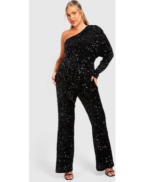 Boohoo Plus Velvet Sequin One Shoulder Jumpsuit - Black