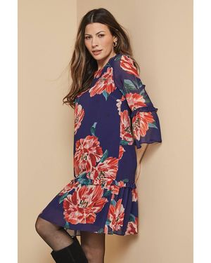 Wallis Floral Ruffle Sleeve Drop Hem Shift Dress - Blue