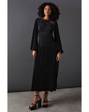 Warehouse Velvet Ruched Body Puff Sleeve Midi Dress - Black