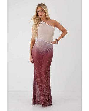 MissPap Sheer Ombre Diamante Embellished One Shoulder Maxi Dress - Red