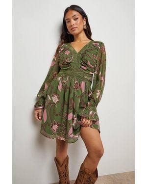 Oasis Petite Printed Lace Trim Gathered V Neck Mini Dress - Green