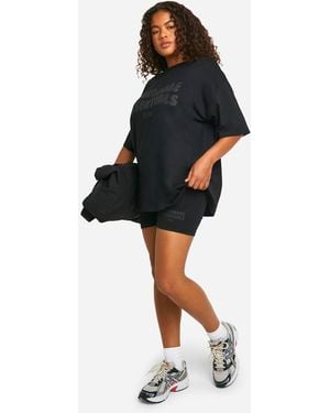 Boohoo Plus Slogan Puff Print Oversized T-Shirt And Short Set - Black