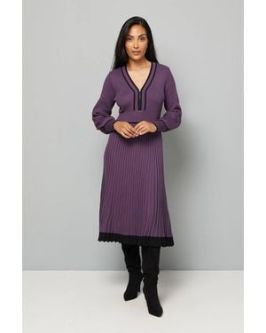 Wallis Petite Plum Zip Front Pleated Knitted Midi Dress - Purple