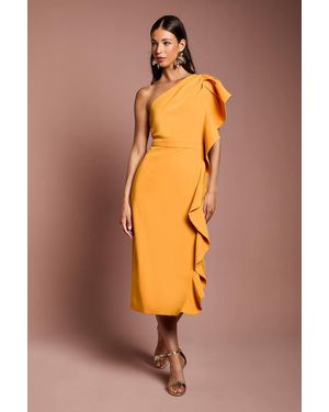 Coast One Shoulder Ruffle Crepe Pencil Midi Dress - Orange